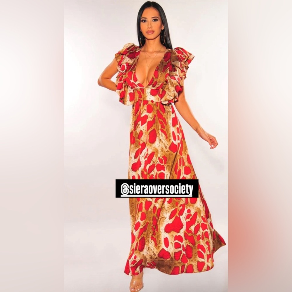 SNAKE PRINT, V NECK RUFFLE SLEEVE MAXI DRESS🔥 + Free Waist Trainer